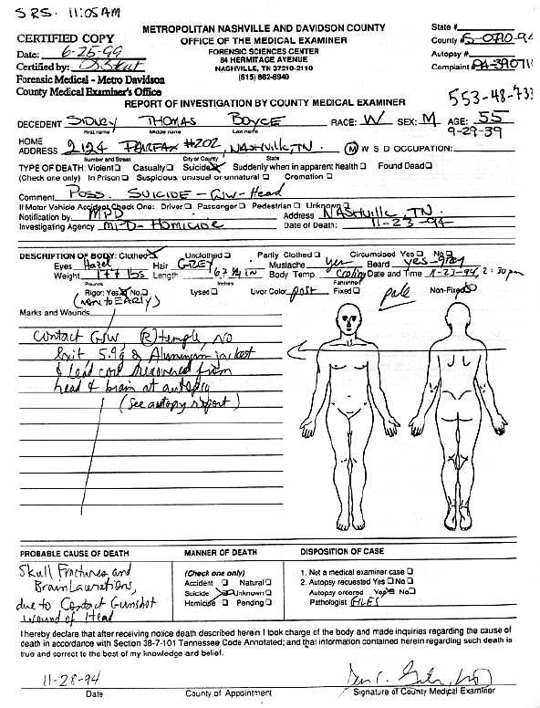 Tommy Boyce's Autopsy Report