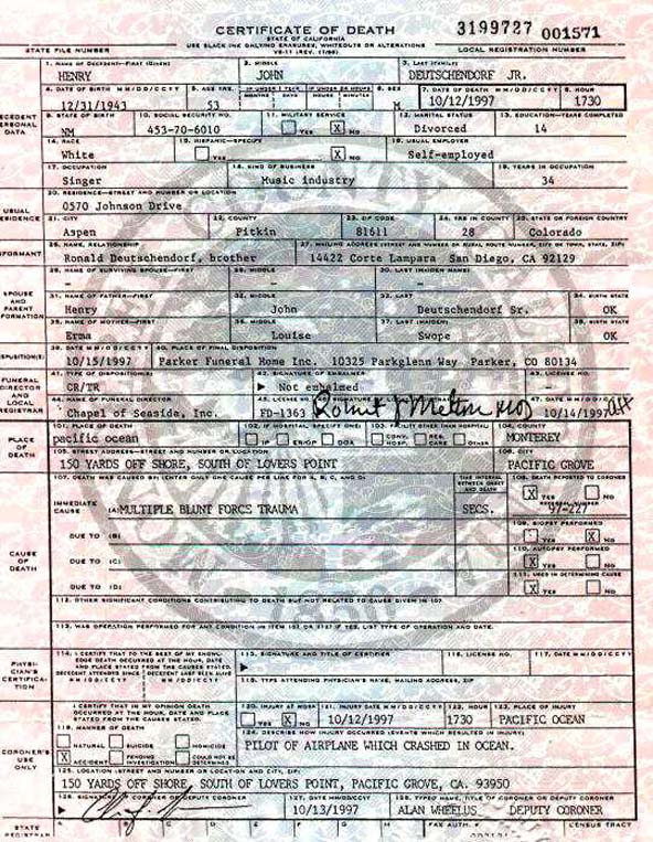 John Denver's Death Certificate