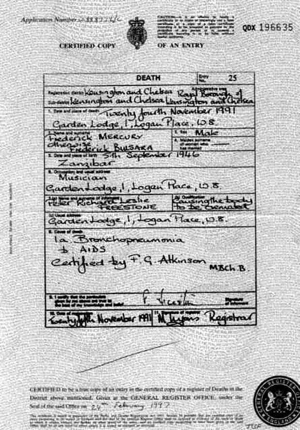 Freddie Mercury's Death Certificate