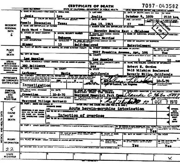 Janis Joplin's Death Certificate