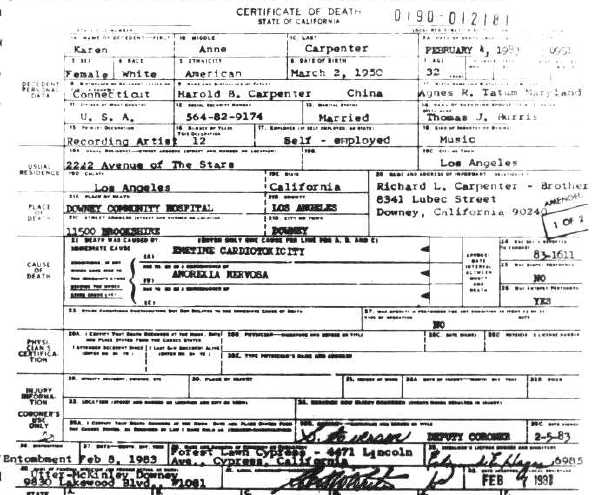 Karen Carpenter's Death Certificate