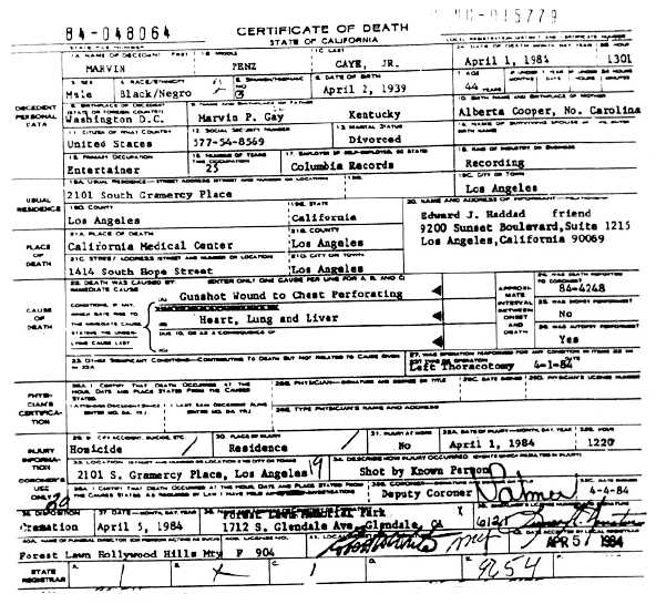 Marvin Gaye's Death Certificate