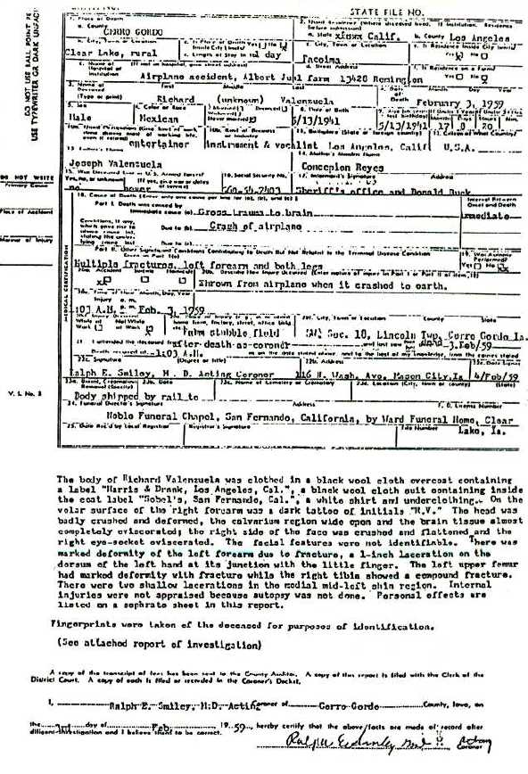 Ritchie Valens' Death Certificate