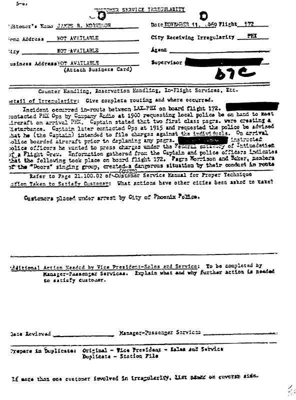 A page from The Doors' FBI files