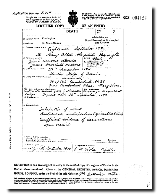 Jimi Hendrix' Death Certificate