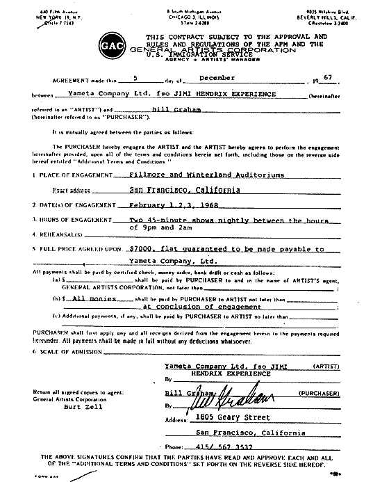 Jimi Hendrix' Winterland Contract