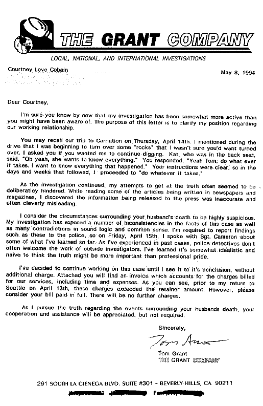 Tom Grant's letter to Courtney Love, 8th May 1994.