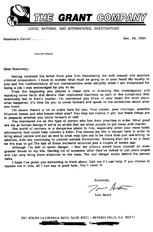 Tom Grant's letter to Rosemary Carroll, 29th December 1994.