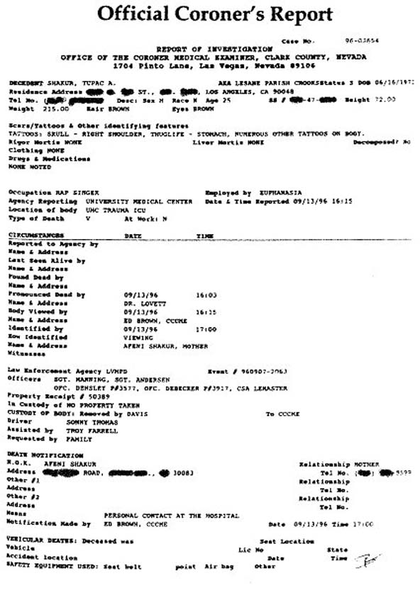 Tupac Shakur's Coroner's Report