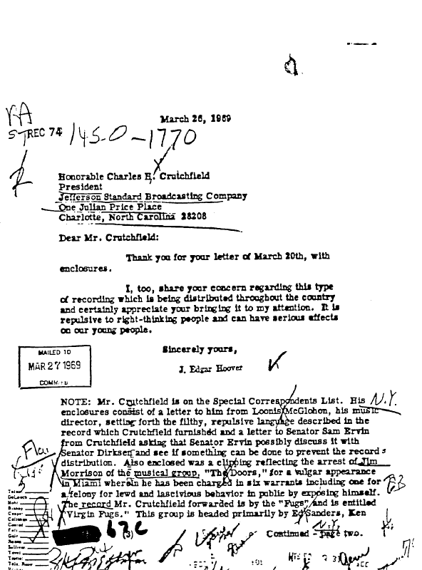 A page from The Doors' FBI files