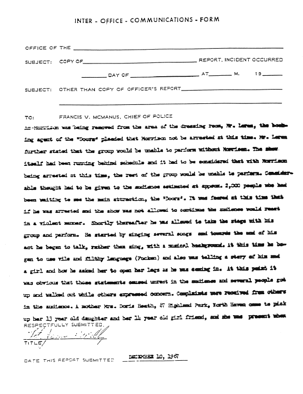 A page from The Doors' FBI files