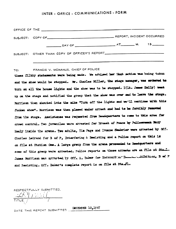 A page from The Doors' FBI files