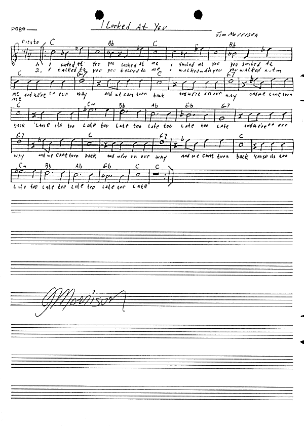 Jim's handwritten lyrics for 'I Looked At You'