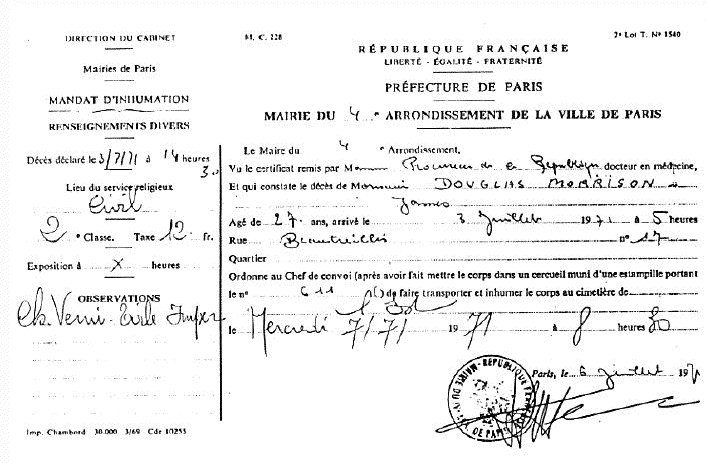 Jim Morrison's Burial Certificate