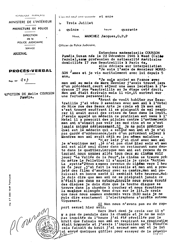 Pamela Courson's Statement Page 1